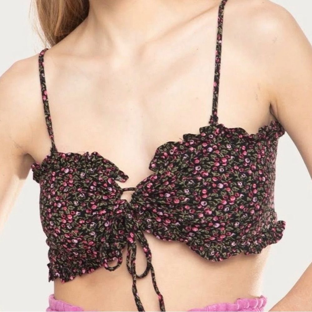 Free People Intimately Picnic Ruffle Bandeau Top Black Floral Combo Size Medium